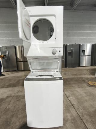 NEW Whirlpool 1.6 cu. ft. Electric Stacked Laundry Center, Model WET4024HW, pristine condition, open doors, white finish.
