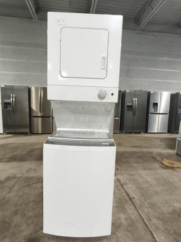Whirlpool 1.6 cu. ft. electric stacked laundry center, model WET4024HW, new condition, white finish, front controls.