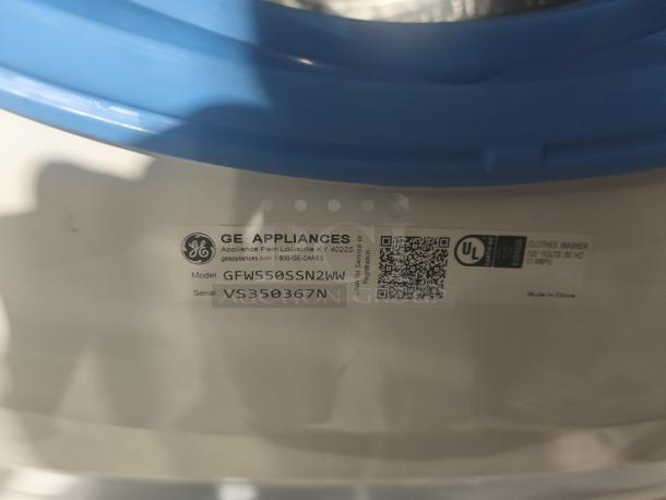 Label on the GE 4.8 cu ft Smart Front Load Washer, Model GFW550SSN2WW. Shows model, serial number, and UL certification.