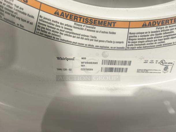 Whirlpool Duet® Steam Front Load Washer, Model WFW94HEAW. Label shows model, serial number C23750304, and safety warnings.