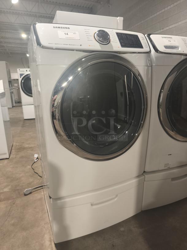 Samsung 7.5 cu ft Smart Electric Dryer with Steam Sanitize, Model DV45H6300EW/A3. Features large front door, digital panel.