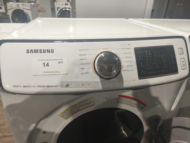 Samsung 7.5 cu ft Smart Electric Dryer with Steam Sanitize, model DV45H6300EW/A3, in excellent condition. Features EcoDry, Vent Sensor, and various drying cycles. Auction tag indicates item number 14.