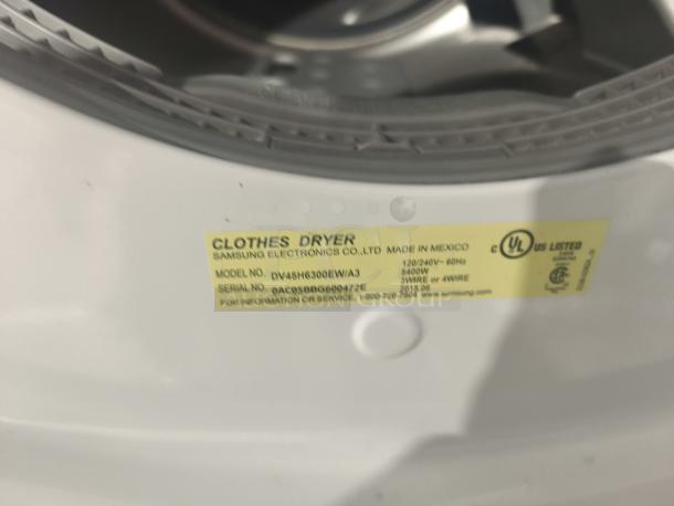 Samsung 7.5 cu ft Smart Electric Dryer, model DV45H6300EW/A3, with Steam Sanitize, label showing specifications and serial number.