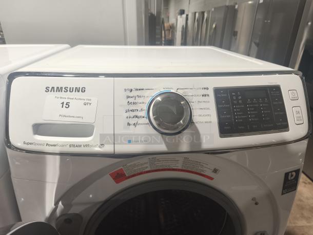 Samsung 4.5 cu ft Smart Front-Load Washer, Model WF45H6300AW/A2. Features digital inverter, steam cycles, and multiple wash options.