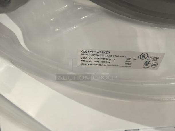 Samsung 4.5 cu ft Smart Front-Load Washer, model WF45H6300AW/A2, shown with label displaying model and serial number.