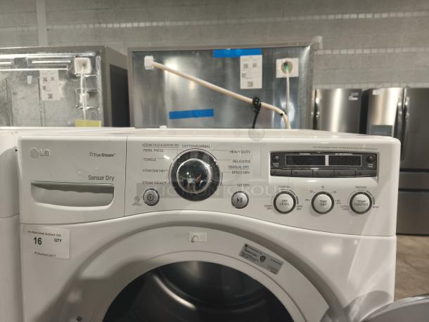 LG 7.3 cu ft Ultra-Large Capacity SteamDryer, model DLEX2650W. Features multiple dry settings, true steam, sensor dry.