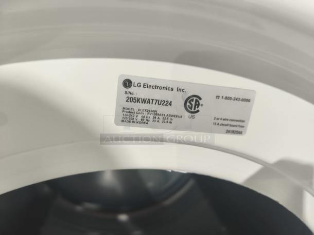 LG 7.3 cu ft Ultra-Large Capacity SteamDryer, Model DLEX2650W. Label indicates model, serial number, and made in Korea.