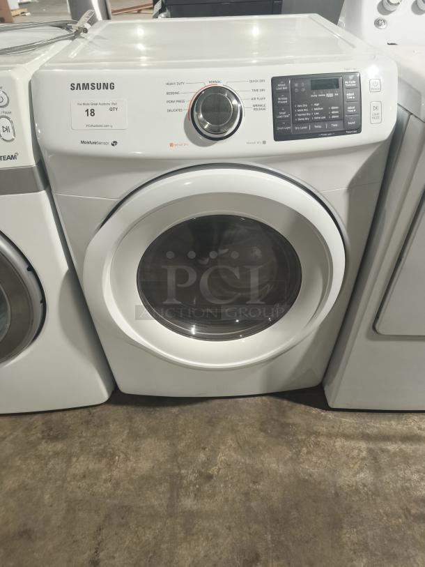 Samsung 7.5 cu ft stackable electric dryer in white. Model DV42H5000EW/A3. Tested, working. Features moisture sensor, multiple settings.