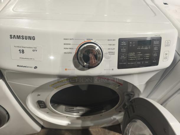 Samsung 7.5 cu ft electric dryer, model DV42H5000EW/A3, stackable, tested, with control panel and open door.
