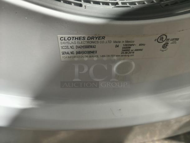 Samsung 7.5 cu ft stackable electric dryer, model DV42H5000EW/A3, tested and working. Serial: 0ABA5BCK80940X. Made in Mexico, 5400W.