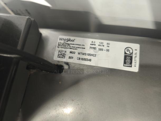 Whirlpool model WTW5105HC2 washer label showing UL certification, model, and serial number details.