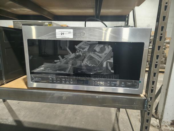 BRAND NEW SCRATCH AND DENT GE Profile 2.1 cu ft microwave, model PVM9005SJ8SS, stainless steel, over-the-range, sensor cooking.