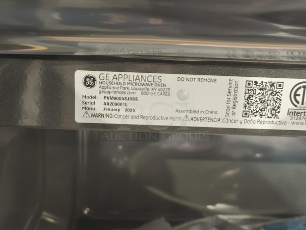 Label of GE Profile 2.1 cu ft Over-the-Range Sensor Microwave, Model PVM9005SJ8SS, serial AA209661L, manufactured January 2025.
