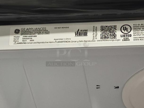 GE 1.6 cu ft Over-the-Range Microwave Oven model JVM3160DFBB, label visible, UL listed, assembled in China.