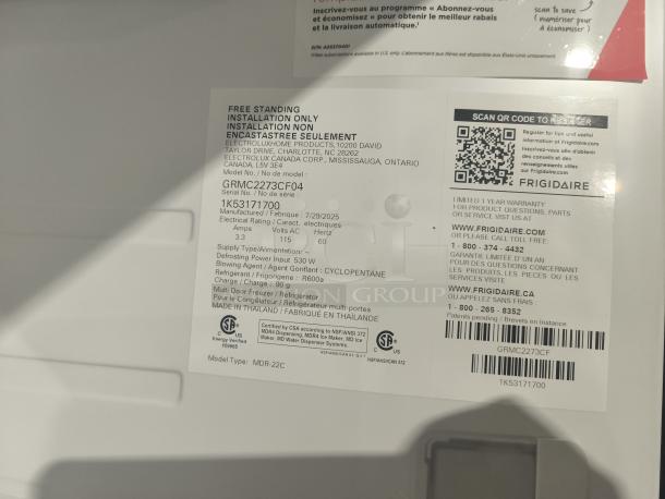 Frigidaire Gallery 21.5 cu ft Counter-Depth 4-Door French Door Refrigerator, model GRMC2273CF04, new, with warranty.
