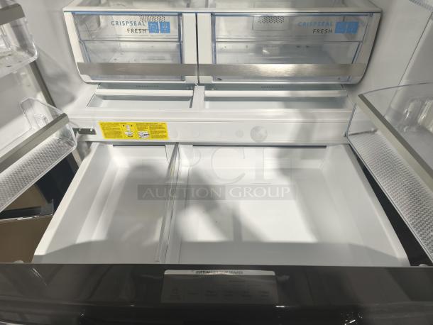 Frigidaire Gallery 21.5 cu ft counter-depth 4-door French door refrigerator, model GRMC2273CF04, new, CrispSeal Fresh drawers visible.