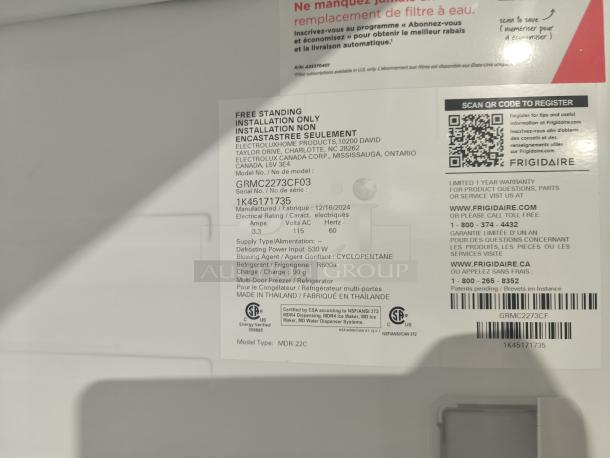 Frigidaire Gallery 21.5 cu ft counter-depth 4-door French door refrigerator, model GRMC2273CF04, new condition, tags visible.
