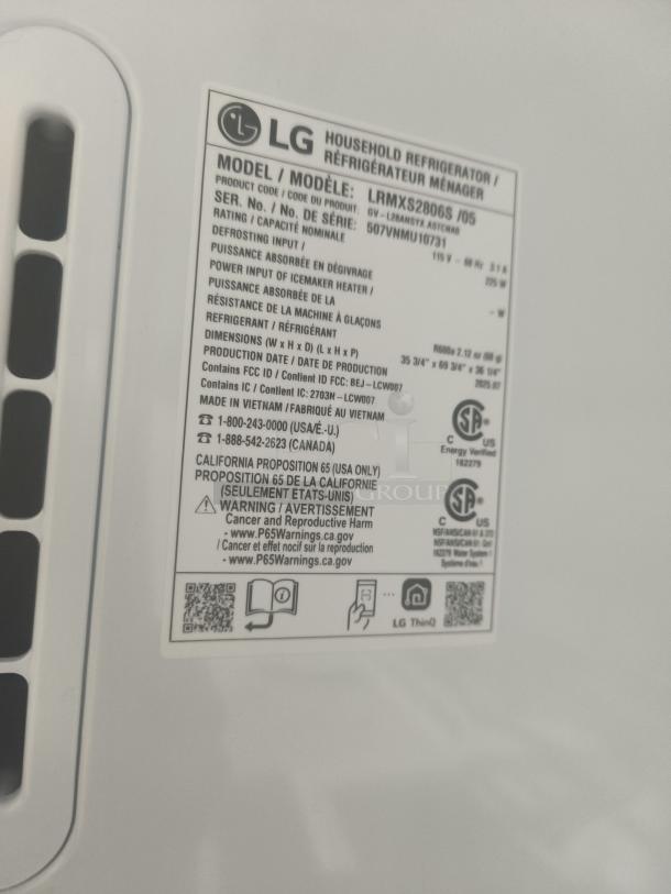 LG 27.8 cu ft 4-Door Smart French Door Refrigerator, model LRMXS2806S/05. Label shows energy ratings and safety warnings.
