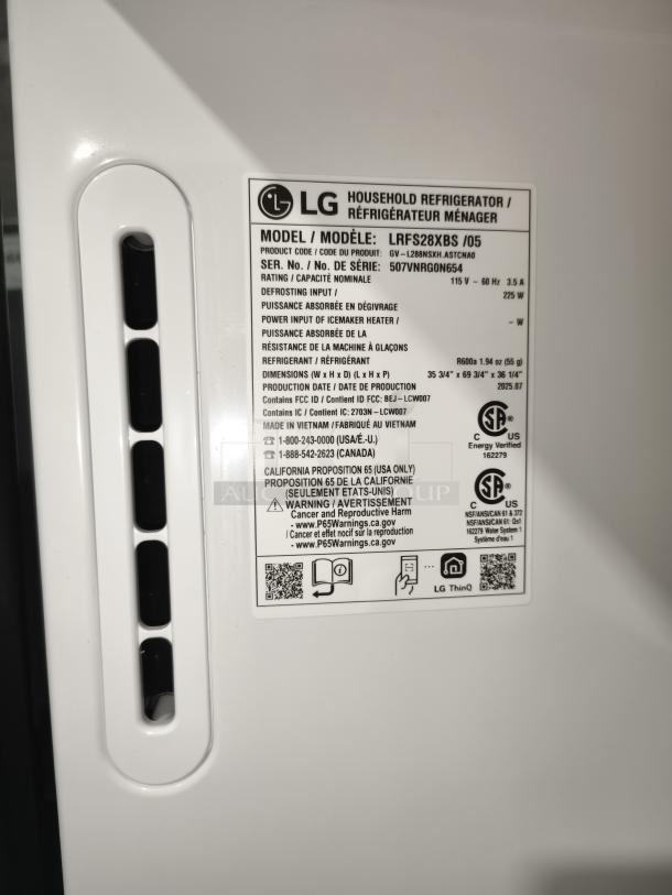 Label on LG LRFS28XBS/05 Smart French Door Refrigerator, shows model, dimensions, and safety warnings. Mint condition.