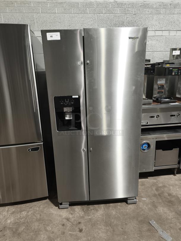 Whirlpool 33-inch side-by-side refrigerator, model WRS321SDHZ13, fingerprint-resistant stainless steel, 21.4 cu ft, new condition.