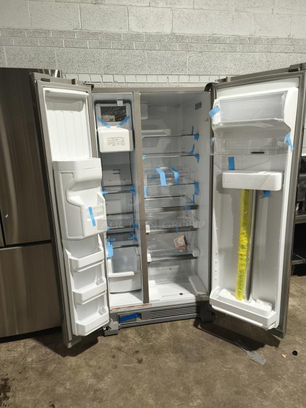 Whirlpool 33-inch side-by-side refrigerator, model WRS321SDHZ13, fingerprint-resistant stainless steel, new with packaging.