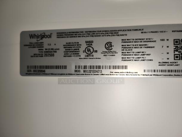 Label inside Whirlpool side-by-side refrigerator, model WRS321SDHZ13, displaying specifications and certification marks.
