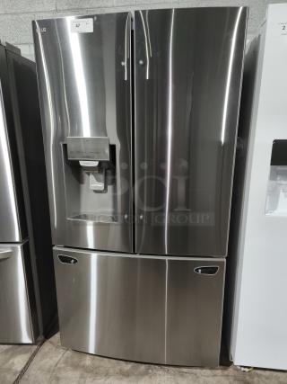 NEW LG 28 cu ft 3-Door Smart French Door Refrigerator, model LRFS28XBS/05, stainless steel, with ice and water dispenser.