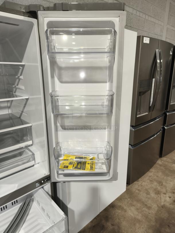 LG 28 cu ft 3-Door Smart French Door Refrigerator, Model LRFS28XBS/05, new, with ice and water dispenser.