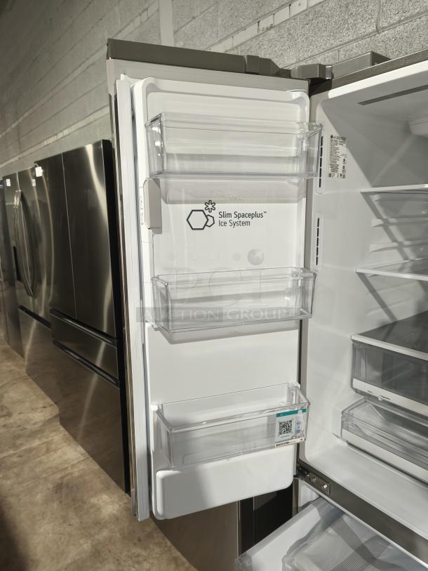 New LG 28 cu ft 3-Door French Door Refrigerator, model LRFS28XBS/05, with Slim SpacePlus Ice System, open view.