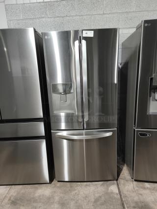 NEW LG 21.8 cu ft 3-Door French Door Refrigerator, model LFDS22520S/06, with external water dispenser, stainless steel finish.