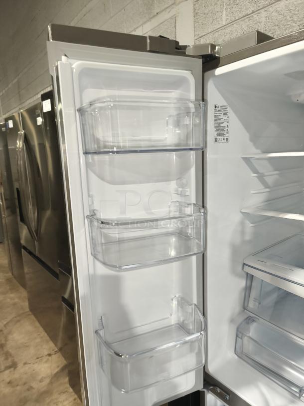 NEW LG 21.8 cu ft 3-Door French Door Refrigerator, model LFDS22520S/06, with external water dispenser, open door view.