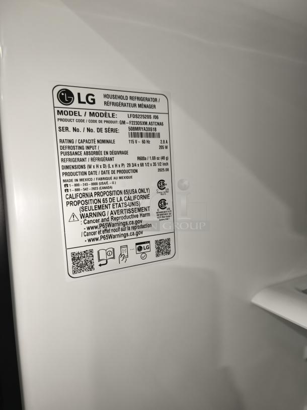 New LG 21.8 cu ft 3-Door French Door Refrigerator, model LFDS22520S/06, with external water dispenser.