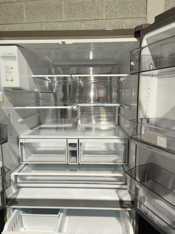 NEW Midea 29 cu. ft. OneTouch AutoFill™ French Door Refrigerator, model MRF29D9BST. Spacious interior with adjustable shelves.