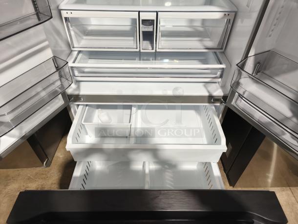 Midea 29 cu. ft. OneTouch AutoFill™ French Door Refrigerator, model MRF29D9BST, featuring spacious interior with adjustable shelves and drawers. New condition.