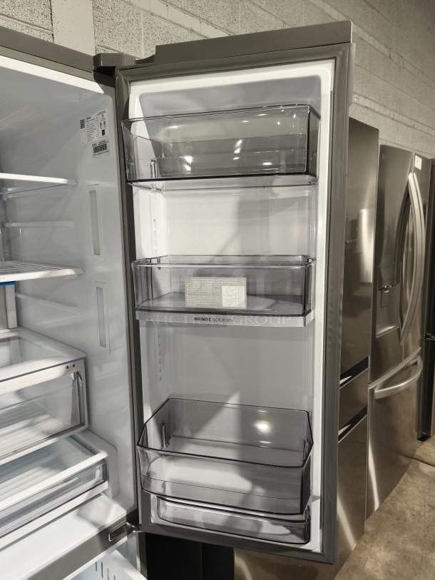 NEW Midea 29 cu. ft. French Door Refrigerator MRF29D9BST, features OneTouch AutoFill™, multiple shelves, and storage bins.