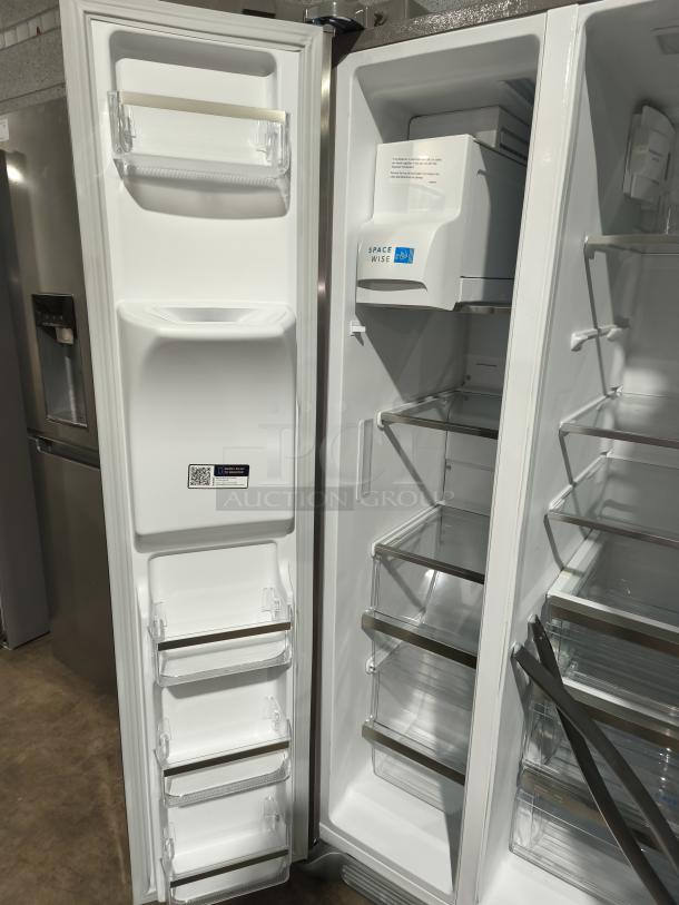 Frigidaire Gallery 25.6 cu ft Side-by-Side Refrigerator, Model GRSS2652AF, new condition, interior view with shelves and bins.