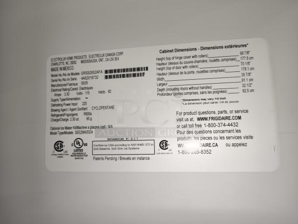 Label on Frigidaire Gallery 25.6 cu ft Side-by-Side Refrigerator, Model GRSS2652AF, lists dimensions, power, and refrigerant details.