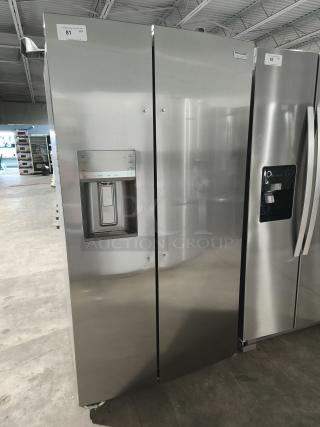 NEW Frigidaire Gallery GRSS2652AFA side-by-side refrigerator, 25.6 cu ft, stainless steel, with water and ice dispenser.