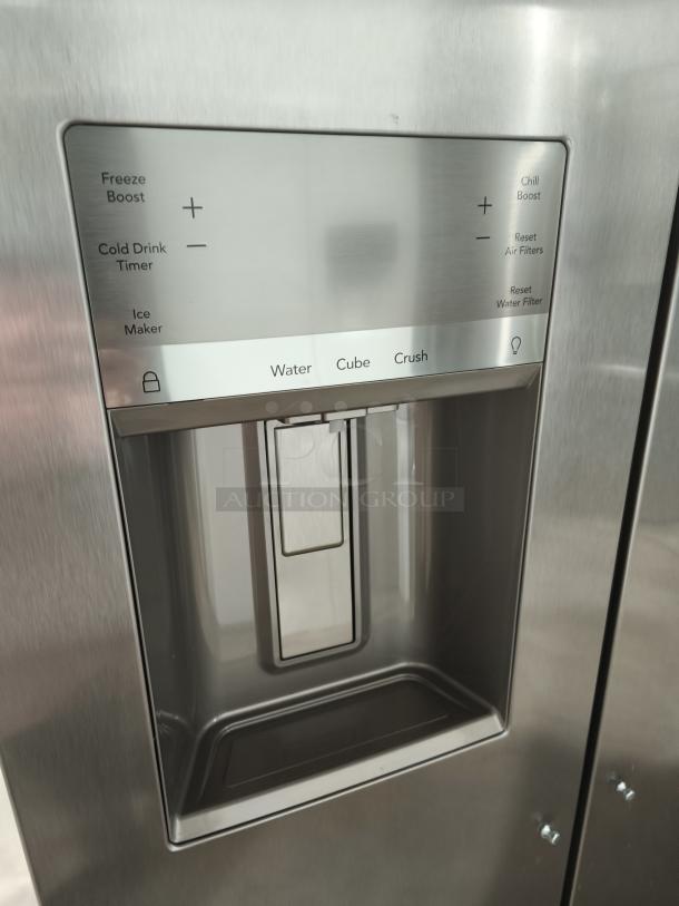 Frigidaire Gallery 25.6 cu ft Side-by-Side Refrigerator, model GRSS2652AFA, featuring water and ice dispenser controls.