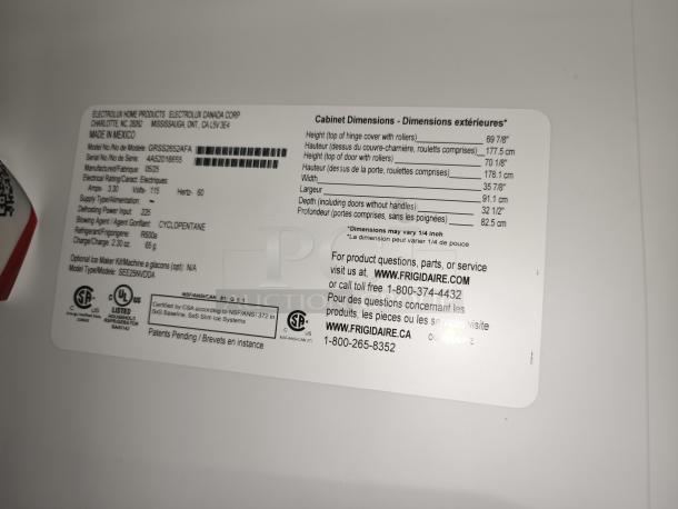 Label on Frigidaire Gallery side-by-side refrigerator, model GRSS2652AFA, with specifications and contact info.