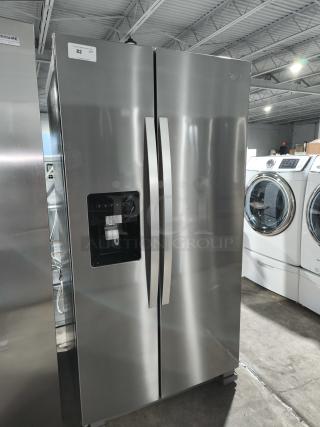 NEW Whirlpool 36-inch side-by-side refrigerator, model WRS315SDHZ19, stainless steel, with water/ice dispenser.