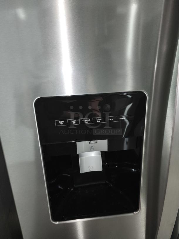 Whirlpool 36-inch side-by-side refrigerator, model WRS315SDHZ19, stainless steel finish, with a water and ice dispenser panel.