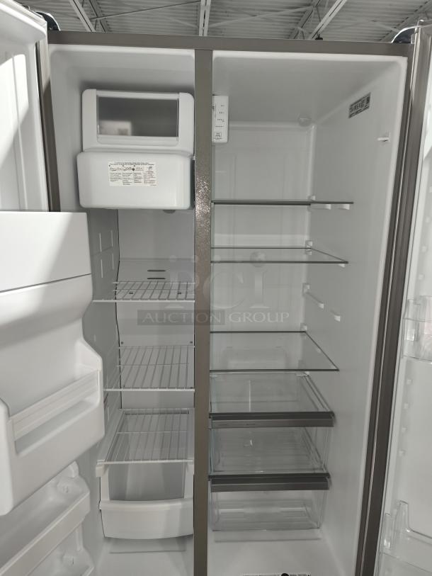 Whirlpool 36-inch side-by-side refrigerator, model WRS315SDHZ19, showing interior shelves and storage bins, new condition.