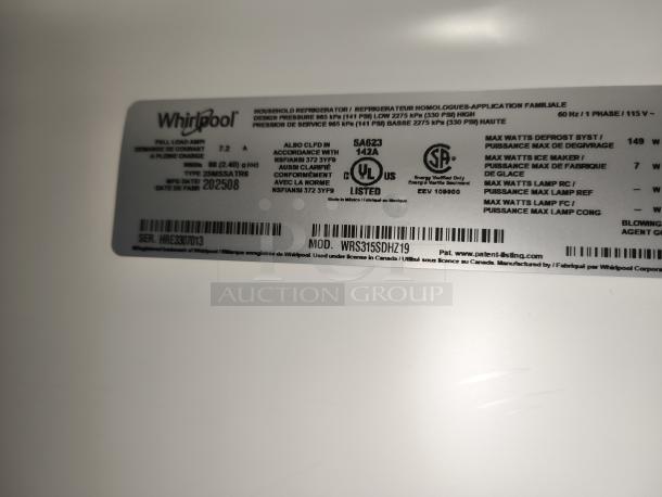 Whirlpool 36-inch side-by-side refrigerator model WRS315SDHZ19 label, displaying specifications and serial number.