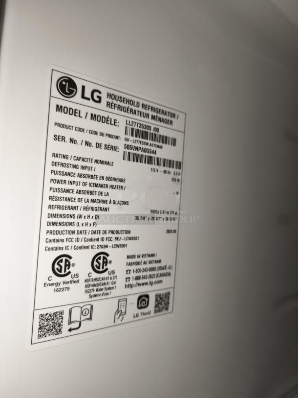New LG 27 cu. ft. Smart Side-by-Side Refrigerator, Model LL27T3530S/00, featuring smooth touch ice and water dispenser.
