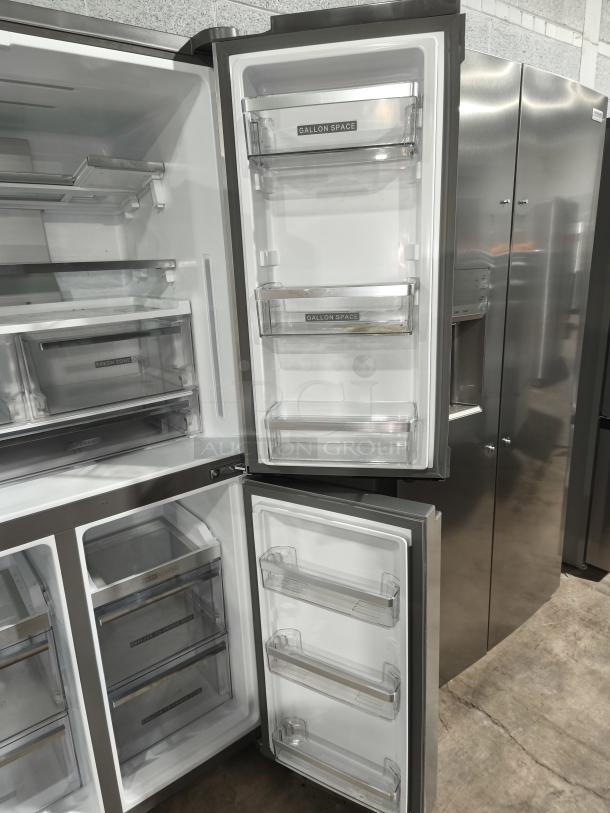 Whirlpool 36-Inch Counter Depth 4-Door Refrigerator, Model WRQC7836RZ, new condition, with adjustable shelving and in-door ice & water.
