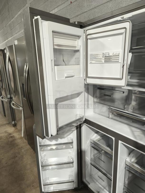 Whirlpool 36-Inch Counter Depth 4-Door Refrigerator, Model WRQC7836RZ, with In-Door Ice & Water, stainless steel, new condition.