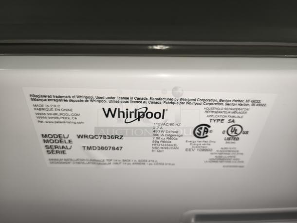 Label on Whirlpool 36-Inch Counter Depth 4-Door Refrigerator, Model WRQC7836RZ, stating model and serial numbers.