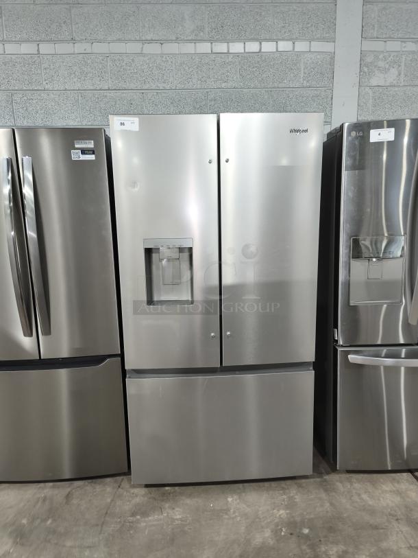 Whirlpool 36-Inch French Door Refrigerator, Model WRFF3536SZ, with in-door water and ice maker, stainless steel, new condition.