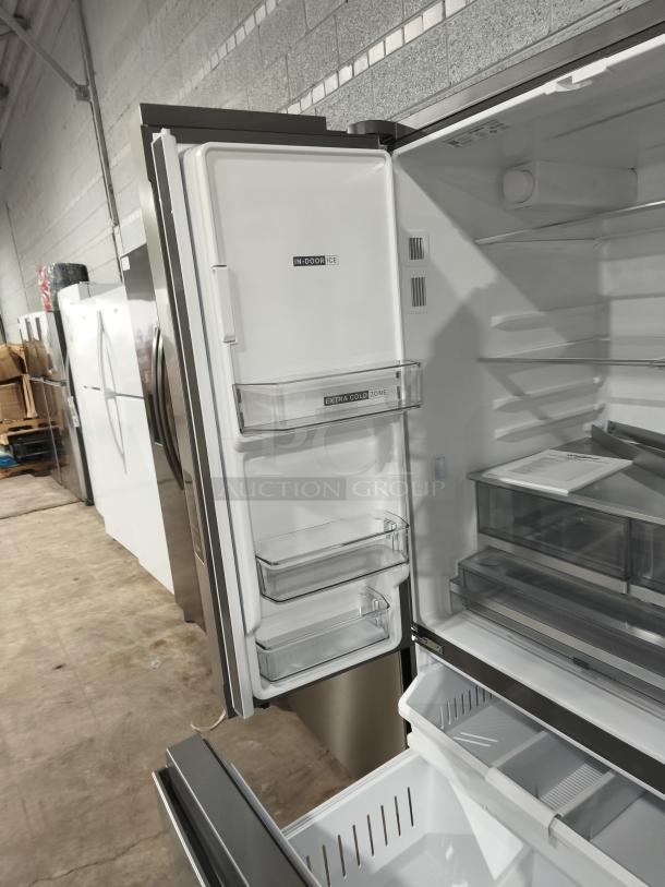 Whirlpool 36-inch French Door Refrigerator, model WRFF3536SZ, new condition, in-door ice and water, multiple shelves.
